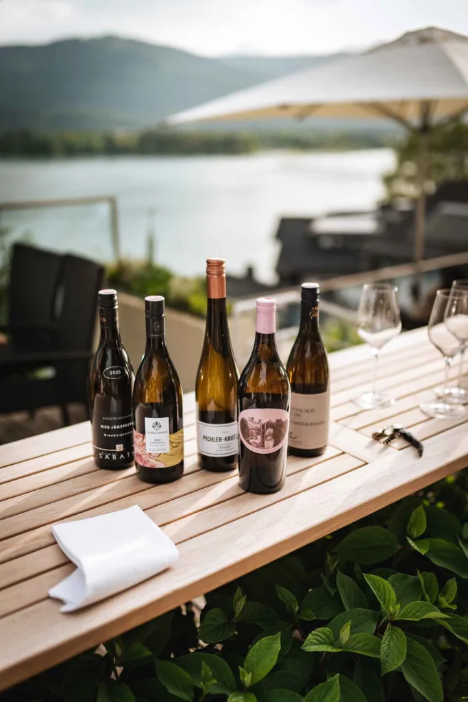 Mehrere Weinflaschen auf einem hölzernen Hochtisch auf der Terrasse.