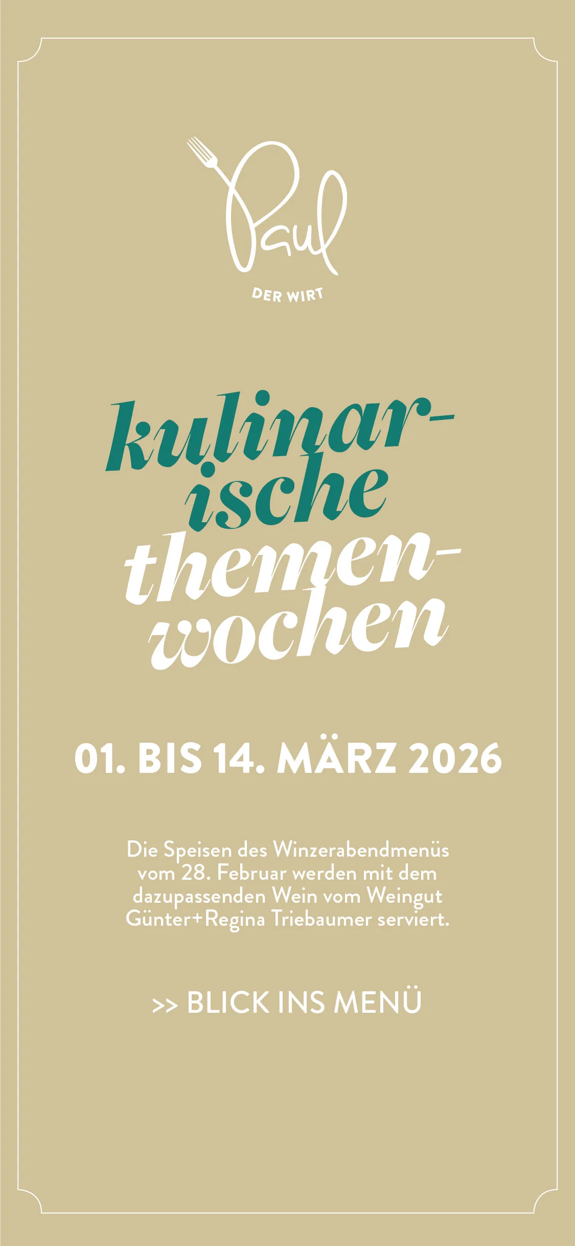 Kulinarische Themenwochen Grafik, 1. bis 14.03.26, Klicke und wirf einen Blick ins Menü